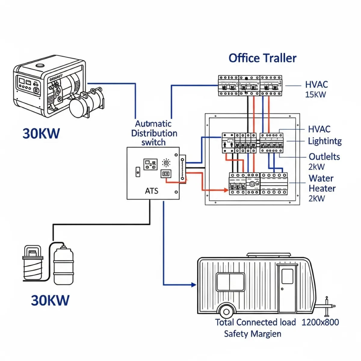 Generator power distribution diagram — single generator powering multiple trailers via distribution panel