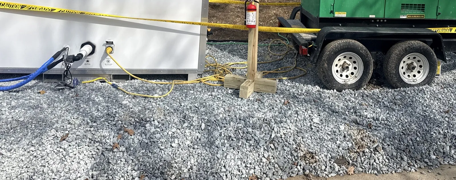 Complete Box on a gravel pad with water, waste, and power connected, running from a towable generator