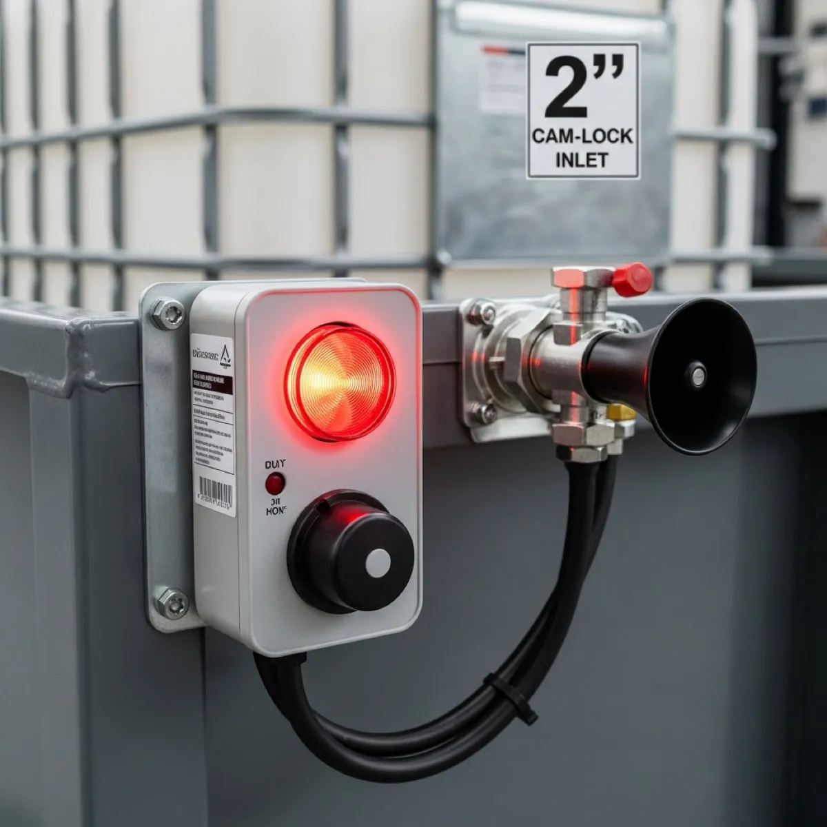 Waste Box high-level alarm closeup — visual and audible alert prevents overflow